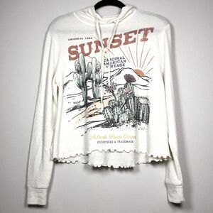 Oatmeal color hooded lightweight sweatshirt Western print sunset cactus sz S